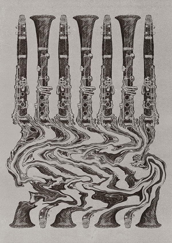 An illustration of clarinets that dissolve into smoke by Nicola Bryant. Copyright Good Nic