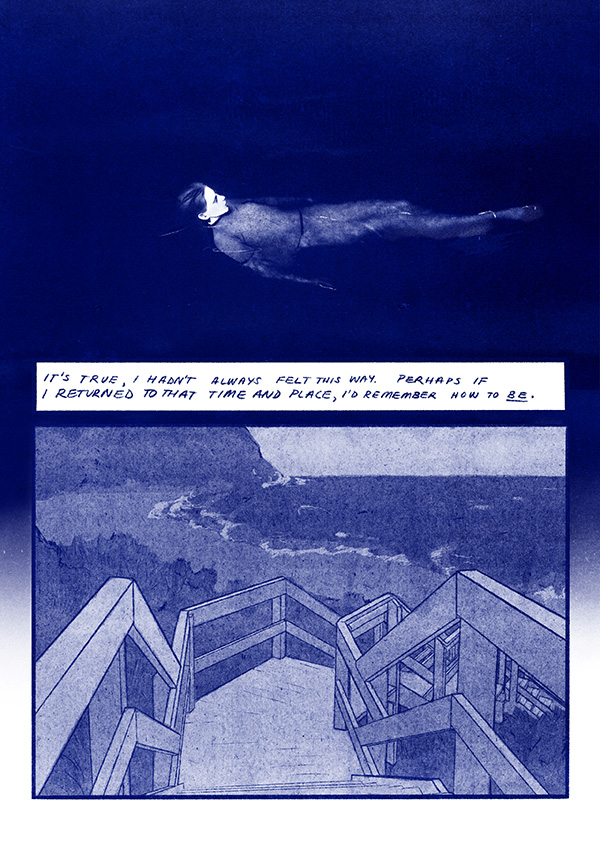 A page of Nicola Bryant's comic book, Still Life. It features a woman on her back in the ocean. Another panel features a staircase leading to the ocean. Rendered in blue. Copyright Good Nic