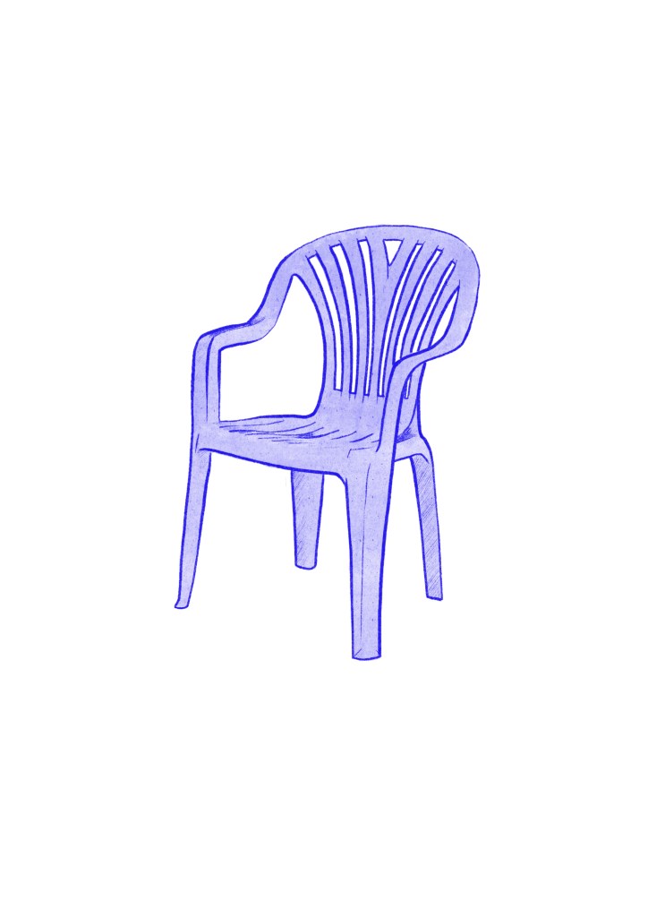 A drawing of a plastic chair by Nicola Bryant good nic 2025