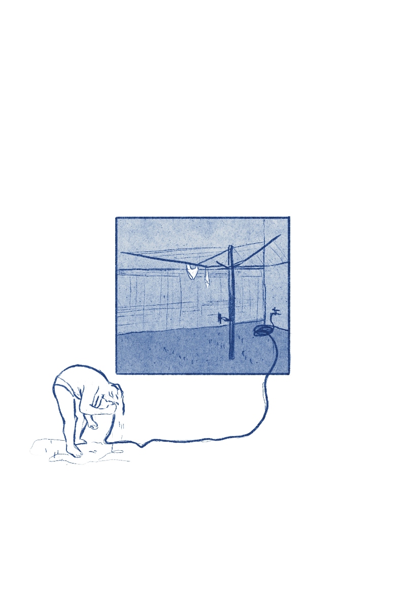 An illustration by Nicola Bryant of a woman washing herself with a hose next to a Hills Hoist clothes line. Copyright Good Nic