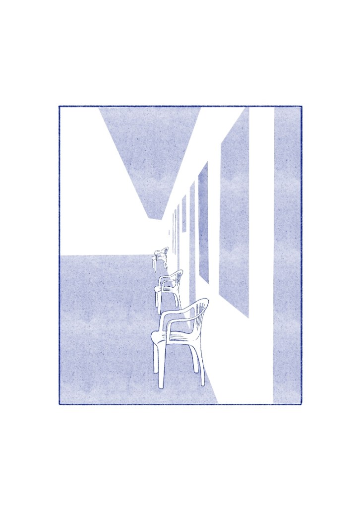 An illustration by Nicola Bryant of white plastic chairs outside a hotel. Copyright Good Nic